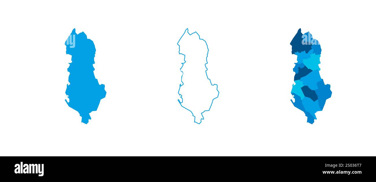 Albanien Set aus drei Karten – durchgehende Karte, Umrisskarte und Karte mit den Verwaltungsbereichen. Drei unterschiedliche Karten zeigen verschiedene Darstellungen eines geografischen Gebiets. Stock Vektor