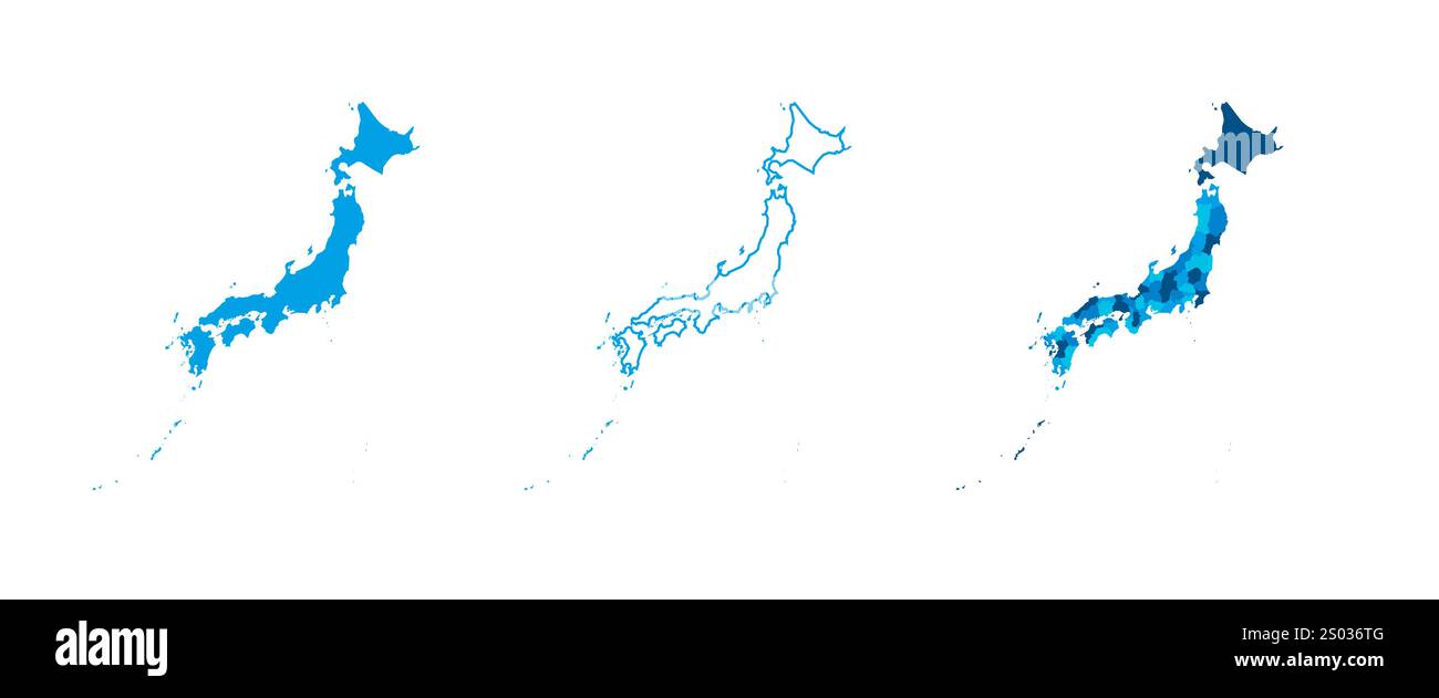 Japan Set aus drei Karten – durchgehende Karte, Umrisskarte und Karte mit den administrativen Abteilungen. Drei unterschiedliche Karten zeigen verschiedene Darstellungen eines geografischen Gebiets. Stock Vektor