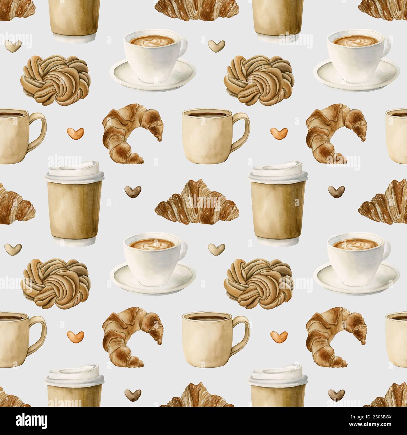 Kaffee, Teetassen und frisches Backwarendessert. Heiße Getränke und Gebäck. Nahtloses Aquarellmuster auf hellblauem Hintergrund für Bäckerei Coffee Shop Desi Stockfoto