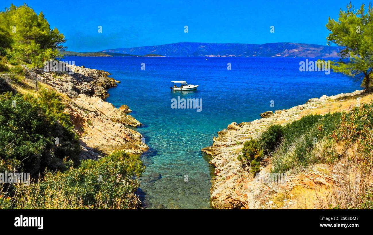 Eine Fahrradtour um die Insel Hvar, Panorama, wilde Strände in der Nähe von Jelsa, ein idealer Ort für einen Urlaub Stockfoto