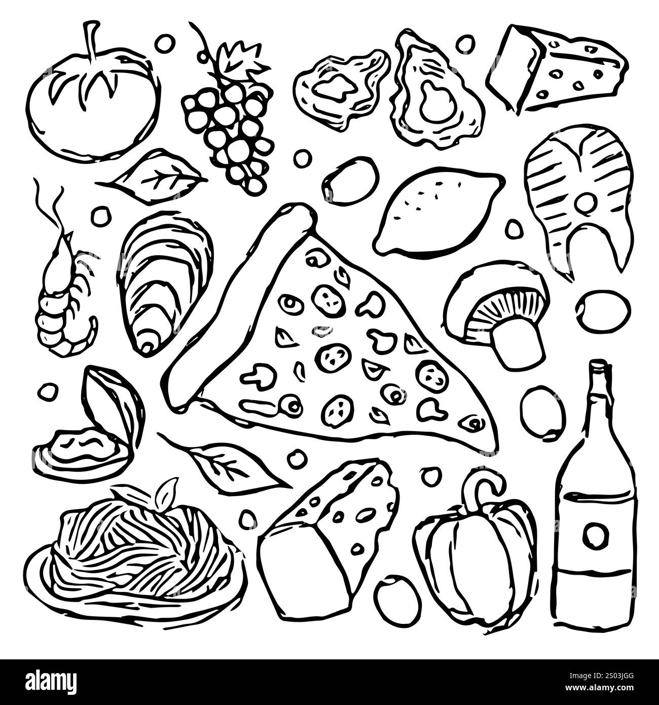 Ikonen für italienische Speisen. Doodle Vektor italienisches Essen Stockfoto