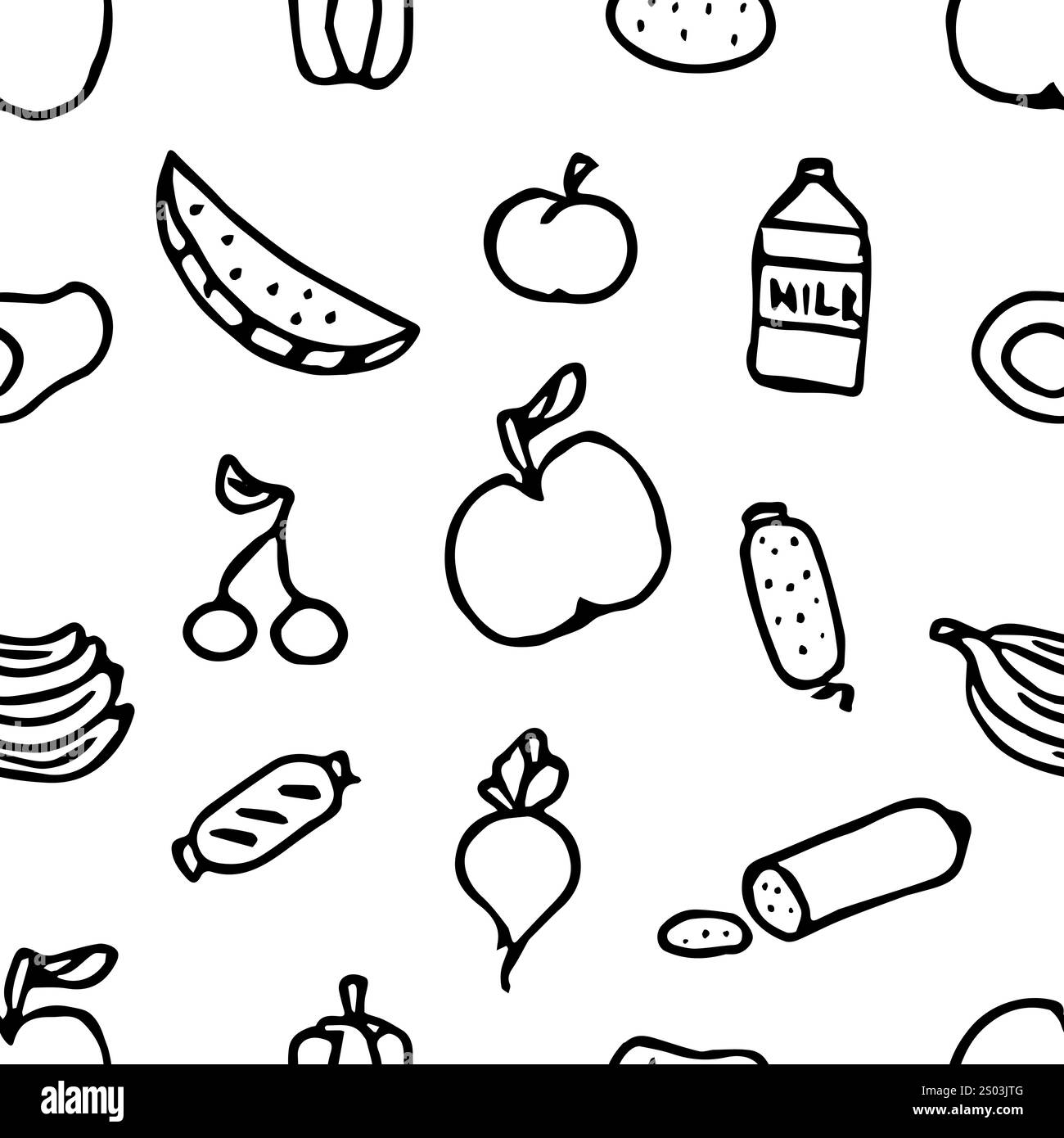 Nahtloses Muster mit Lebensmittelsymbolen. Doodle nahtlose Essenshintergründe Stockfoto