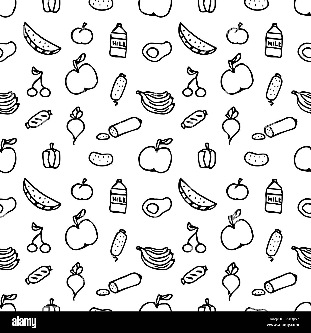 Nahtloses Muster mit Lebensmittelsymbolen. Doodle nahtlose Essenshintergründe Stockfoto