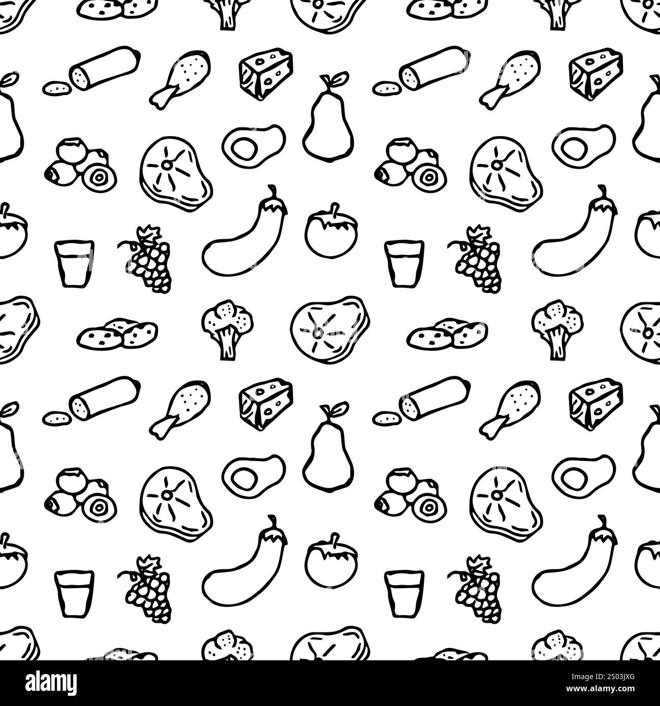 Nahtloses Muster mit Lebensmittelsymbolen. Doodle nahtlose Essenshintergründe Stockfoto