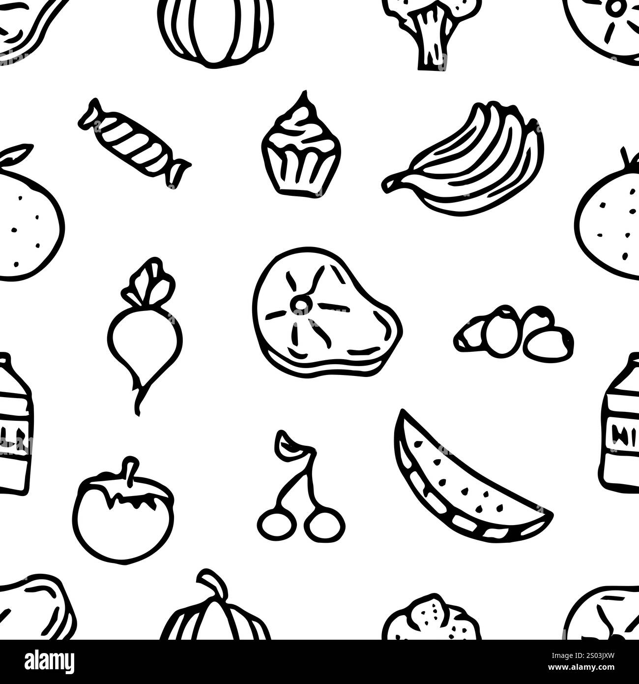 Nahtloses Muster mit Lebensmittelsymbolen. Doodle nahtlose Essenshintergründe Stockfoto