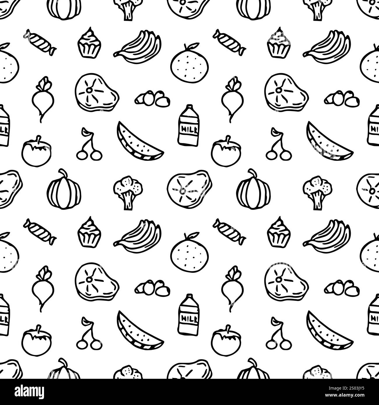 Nahtloses Muster mit Lebensmittelsymbolen. Doodle nahtlose Essenshintergründe Stockfoto