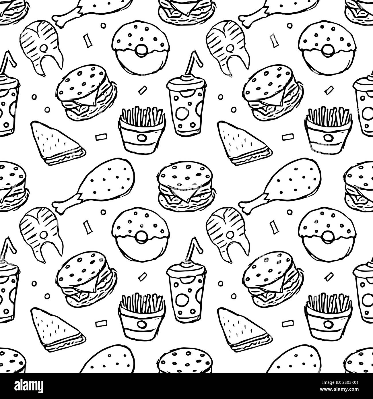 Nahtloses Muster mit Lebensmittelsymbolen. Doodle nahtlose Essenshintergründe Stockfoto