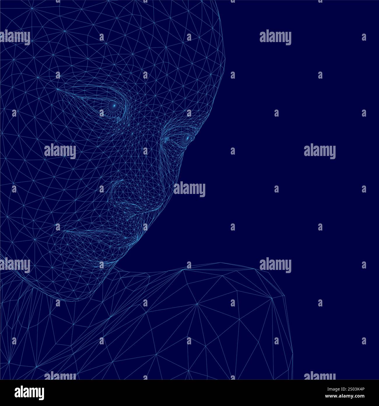 Blaues Gesicht mit vielen Linien und Punkten. Das Gesicht ist verschwommen und der Hintergrund ist dunkelblau Stock Vektor