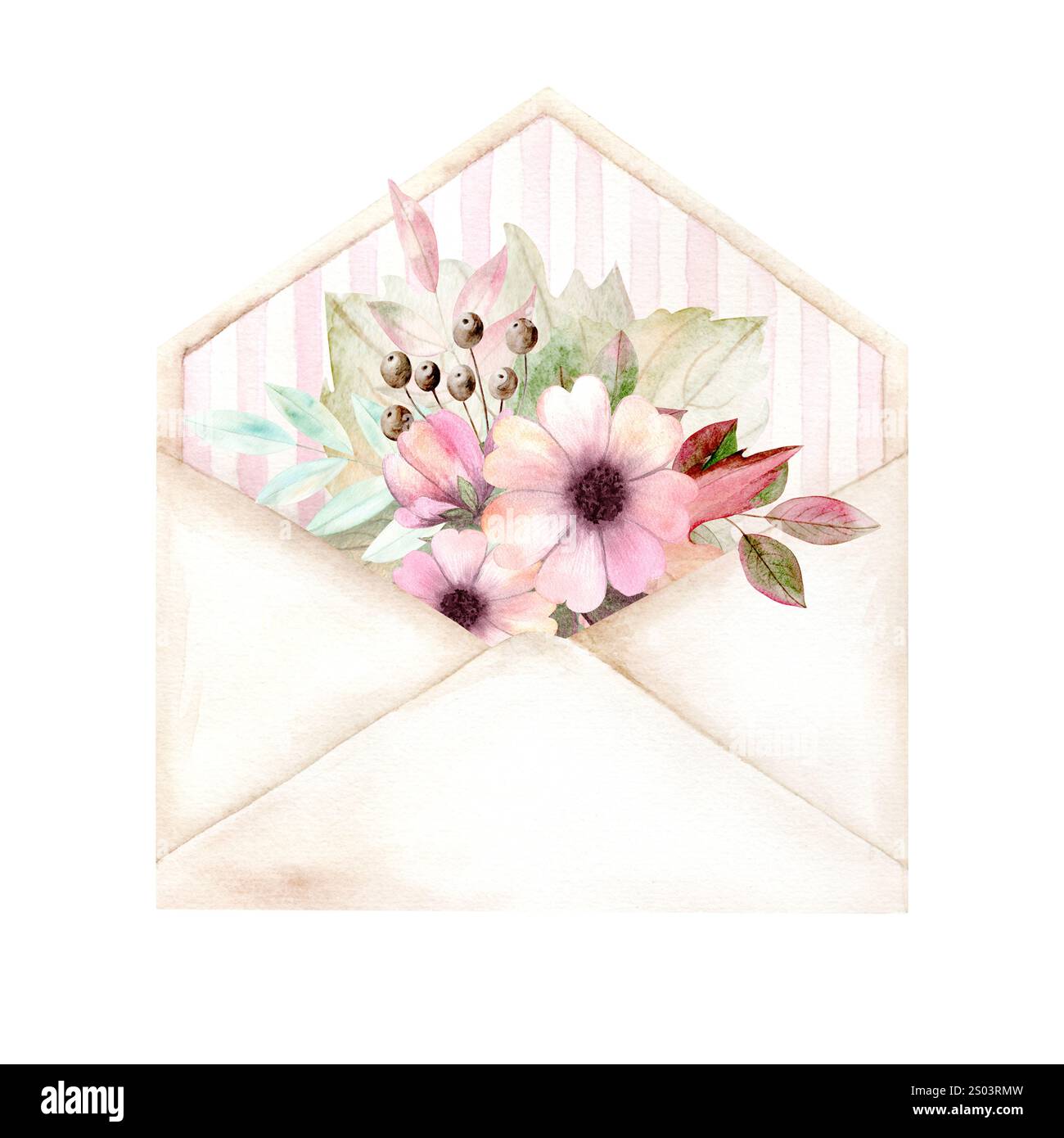 Aquarellillustration eines Umschlags mit Blumen in zarten Pastellfarben, perfekt zum Entwerfen von Karten, Hochzeitseinladungen und anderen kreativen Projekten Stockfoto