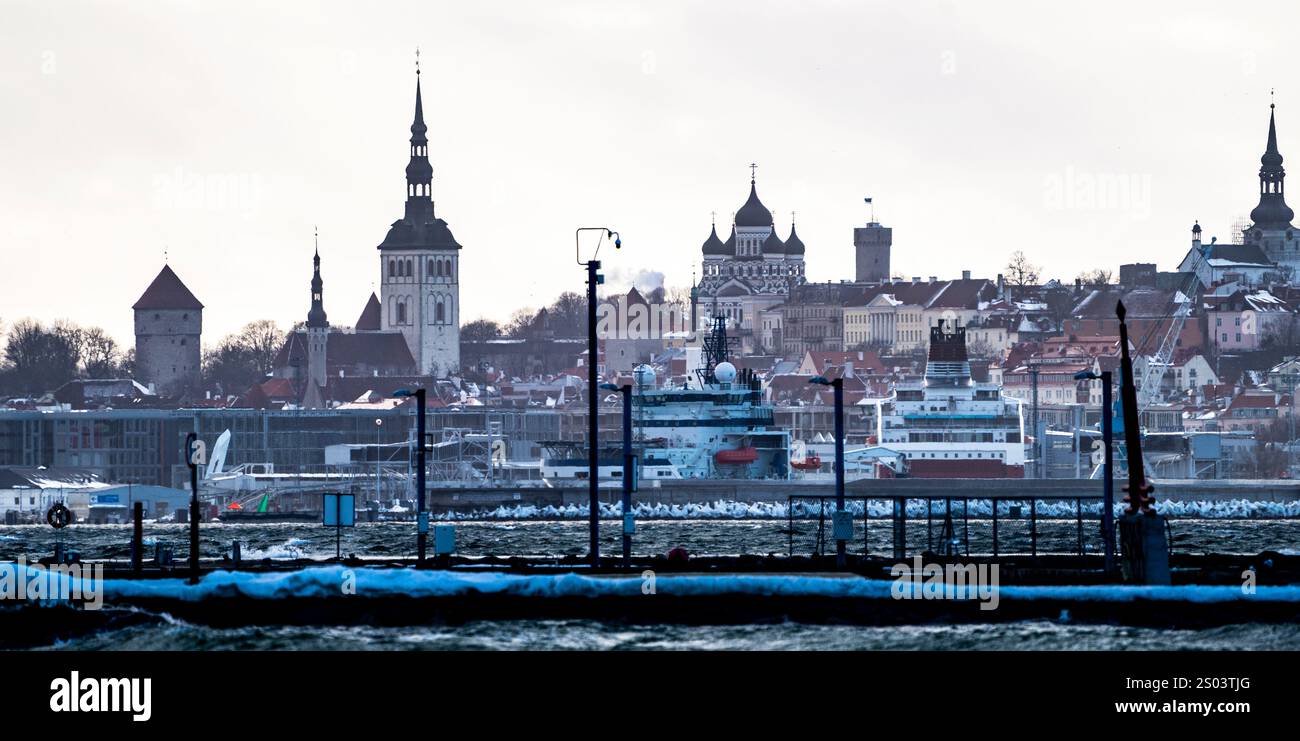 Ein Panoramablick auf Tallinn mit historischer Architektur, mit hohen Türmen und einem Hafen voller Boote. Die Szene ist gegen eine bewölkte SK angesiedelt Stockfoto