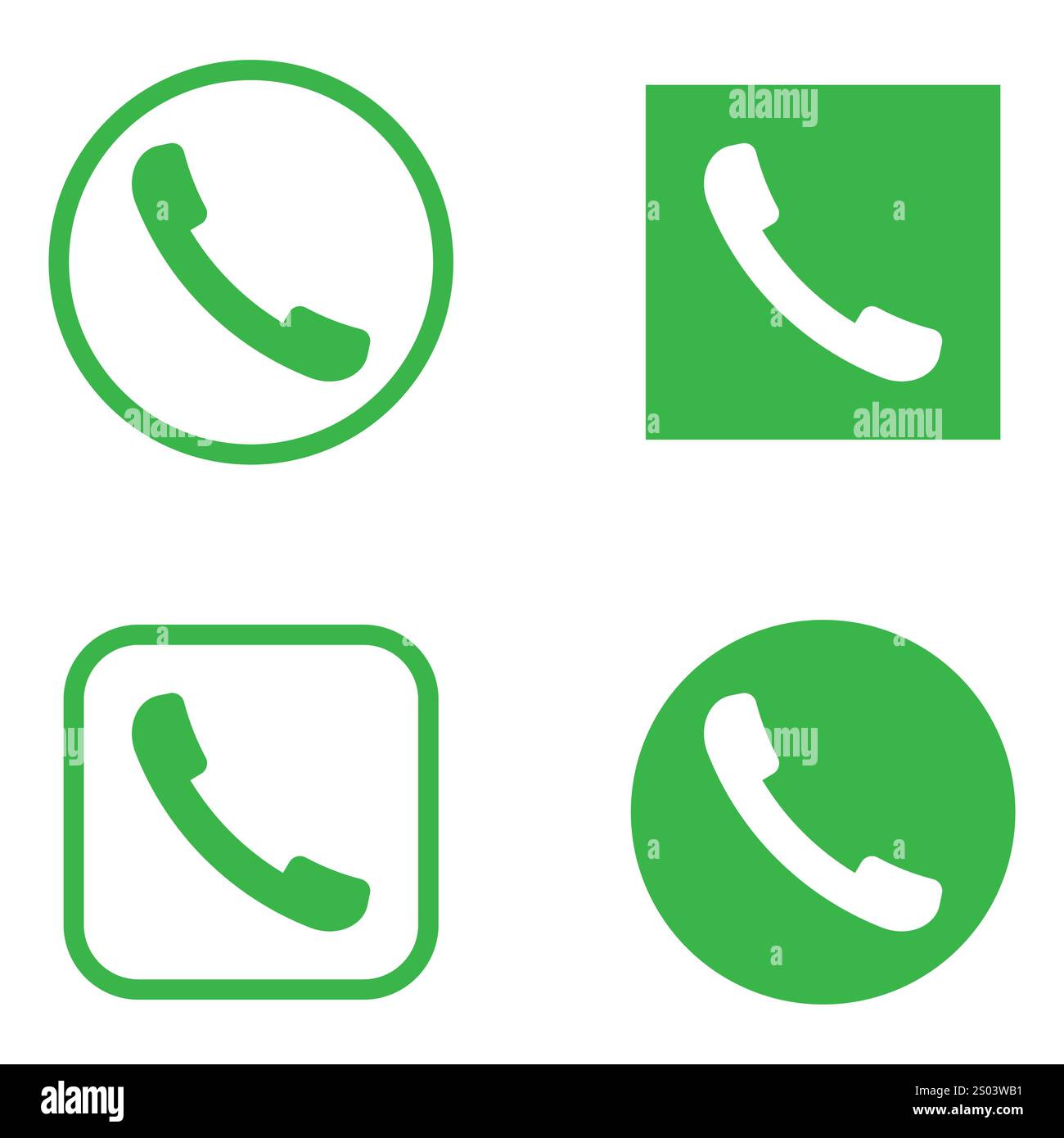 Grüne Telefonsymbole. Kreisförmige quadratische Stile. Telekommunikationssymbole. Einfache Vektorabbildungen. Stock Vektor