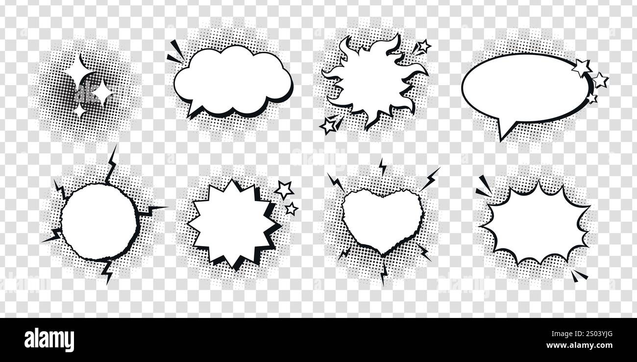 Set aus verschiedenen leeren Comic-Sprechblasen, verziert mit schwarzem Halbtonschatten im Pop-Art-Stil. Verschiedene Formen und Elemente. Vektorabbildung Stock Vektor