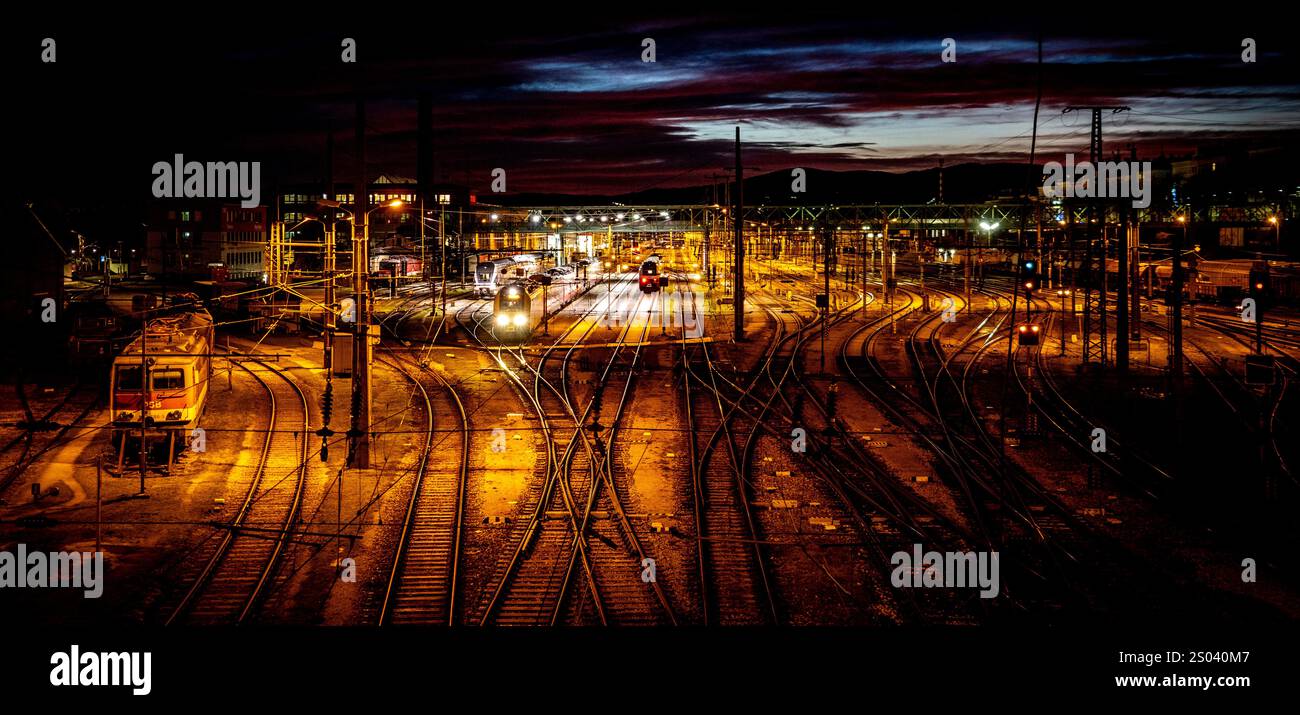 Nächtlicher Blick auf einen von künstlichen Lichtern beleuchteten Bahnhof mit mehreren Bahngleisen und Zügen. Der Himmel ist dunkel mit Anklängen von Dämmerung, Stockfoto