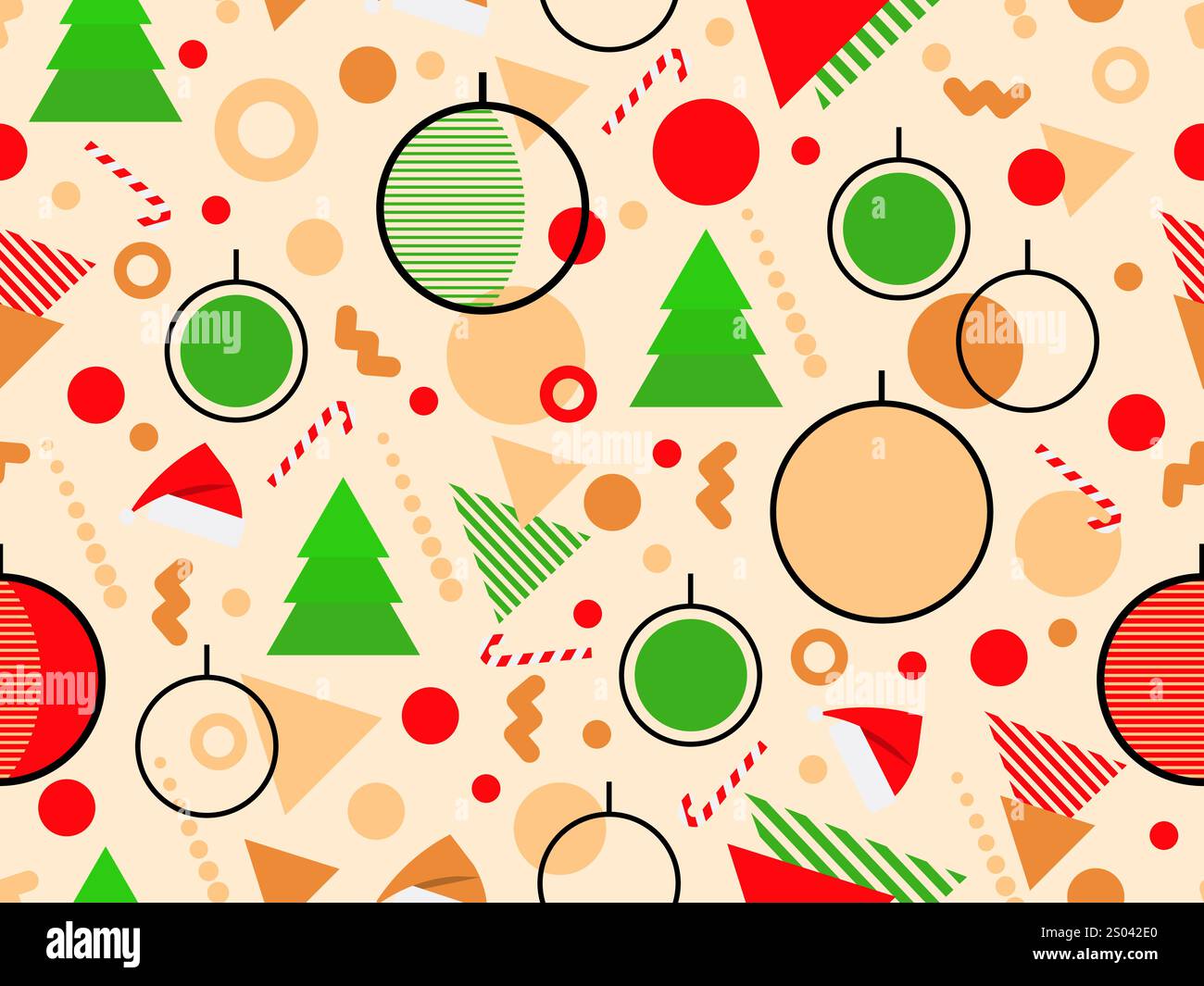 Nahtloses Weihnachtsmuster mit geometrischen Formen im Stil der 80er Jahre. Festliches Muster mit Tannen, Lutscher, Weihnachtsbällen und Weihnachtsmützen. Stock Vektor