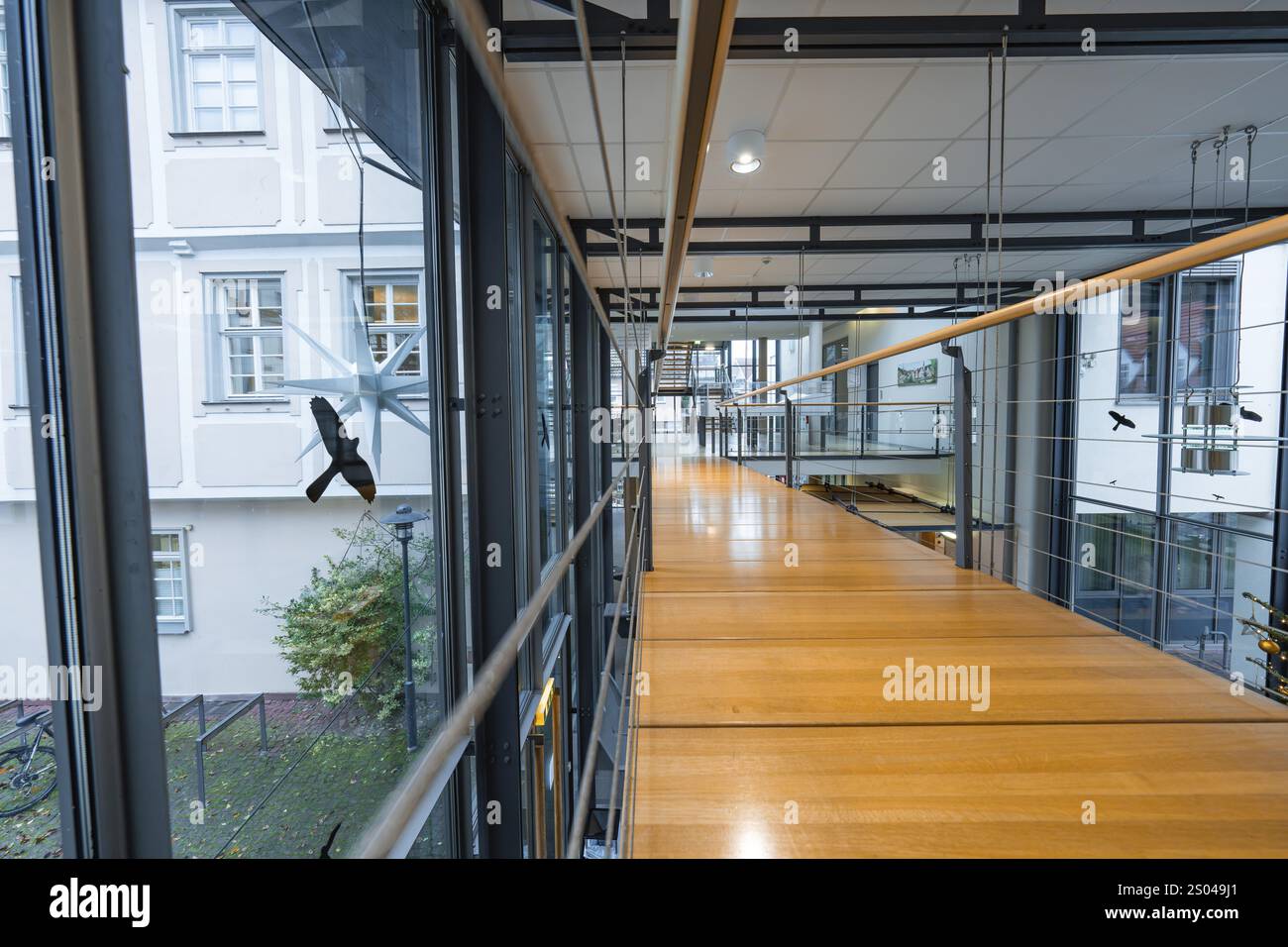 Holzbrücke mit Glaswänden in einem modernen architektonischen Interieur, Nagold Rathaus, Schwarzwald, Deutschland, Europa Stockfoto
