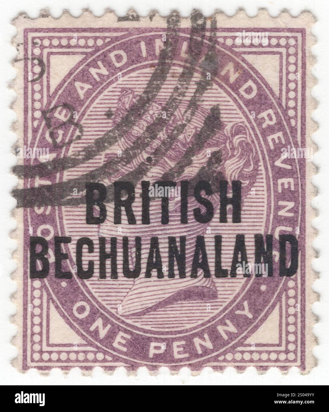 BECHUANALAND BRITISCHE KRONKOLONIE — 1891. Dezember 01: 1 Pence lilafarbener Briefmarke mit Porträt von Oueen Victoria. Stempel von Großbritannien in Schwarz aufgedruckt 'BRITISH BECHUANALAND'. Eine britische Kronenkolonie im südlichen Afrika, die das Gebiet des ehemaligen Stellaland umfasste, das 1895 an das Kap der Guten Hoffnung mit der Hauptstadt Vryburg annektiert wurde. Britische Briefmarken wurden bis 1897 auch im Bechuanaland Protektorat verwendet. Victoria (Alexandrina Victoria) war vom 20. Juni 1837 bis zu ihrem Tod 1901 Königin des Vereinigten Königreichs Großbritannien und Irland Stockfoto