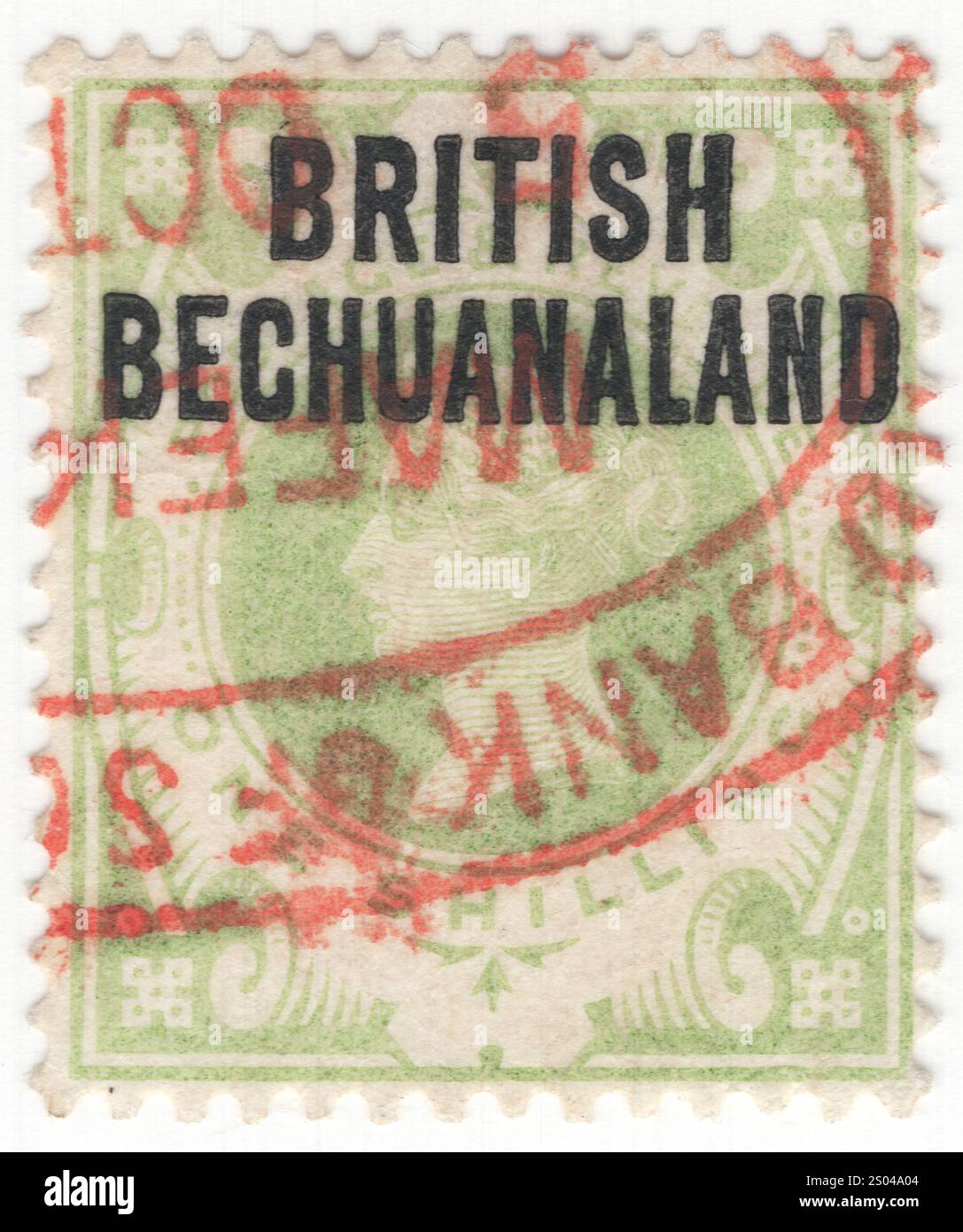 BRITISCHE KRONKOLONIE BECHUANALAND — 1894. Juli: 1 Schilling-grüne Briefmarke mit Porträt von Oueen Victoria. Stempel von Großbritannien in Schwarz aufgedruckt 'BRITISH BECHUANALAND'. Eine britische Kronenkolonie im südlichen Afrika, die das Gebiet des ehemaligen Stellaland umfasste, das 1895 an das Kap der Guten Hoffnung mit der Hauptstadt Vryburg annektiert wurde. Britische Briefmarken wurden bis 1897 auch im Bechuanaland Protektorat verwendet. Victoria (Alexandrina Victoria) war vom 20. Juni 1837 bis zu ihrem Tod 1901 Königin des Vereinigten Königreichs Großbritannien und Irland Stockfoto