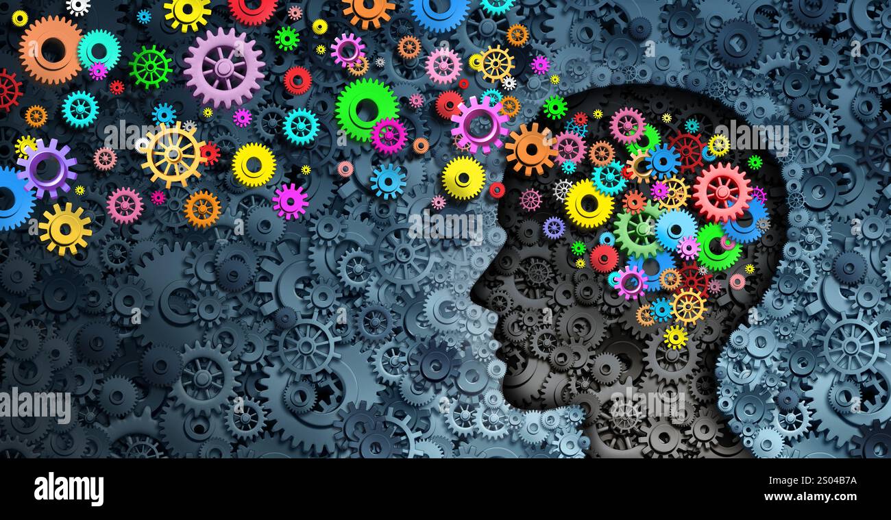 Kreative Entwicklung und Bildung oder Lernfähigkeiten als Geschäftssymbol für Technologie und Gehirnfunktion, die Ingenieurswesen und intelligente c Stockfoto