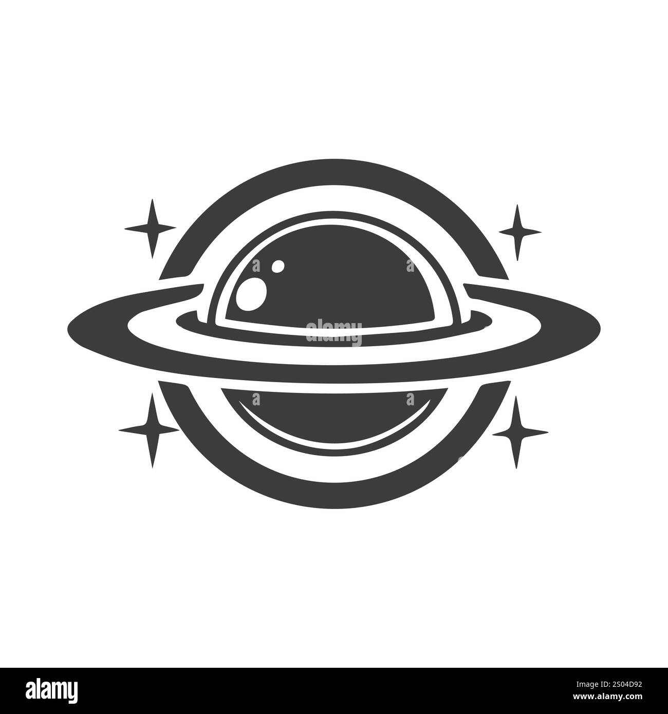 Vektor Schwarz-weiß Saturn Planet Symbol mit Ringen und Sternen Stock Vektor
