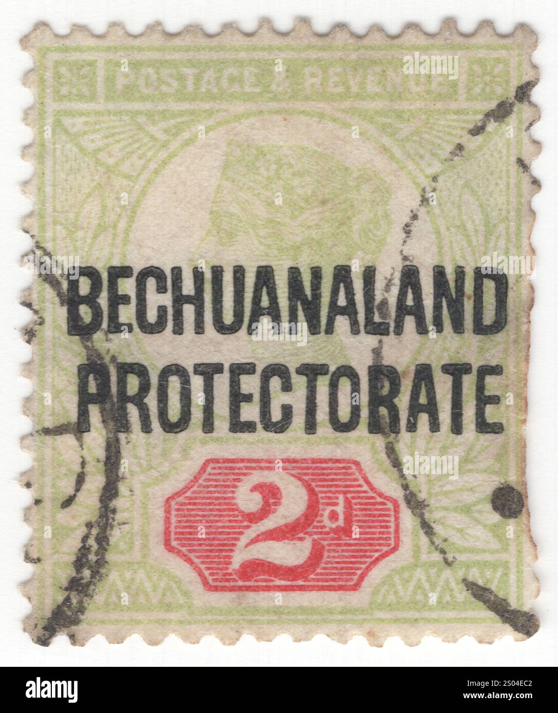 BECHUANALAND BRITISCHES PROTEKTORAT — 1897. Oktober: 2 Pence grüne und karminrote Briefmarke mit Porträt von Oueen Victoria. Stempel Großbritanniens mit schwarzem Aufdruck 'BECHUANALAND PROTEKTORATE'. Ein britisches Protektorat im südlichen Afrika, nördlich der Republik Südafrika mit der Hauptstadt Vryburg (bis 1895), Mafe King (bis 1965), Gaberones. Victoria (Alexandrina Victoria) war vom 20. Juni 1837 bis zu ihrem Tod 1901 Königin des Vereinigten Königreichs Großbritannien und Irland. Ihre Herrschaft von 63 Jahren und sieben Monaten war länger als die eines früheren britischen Monarchen Stockfoto