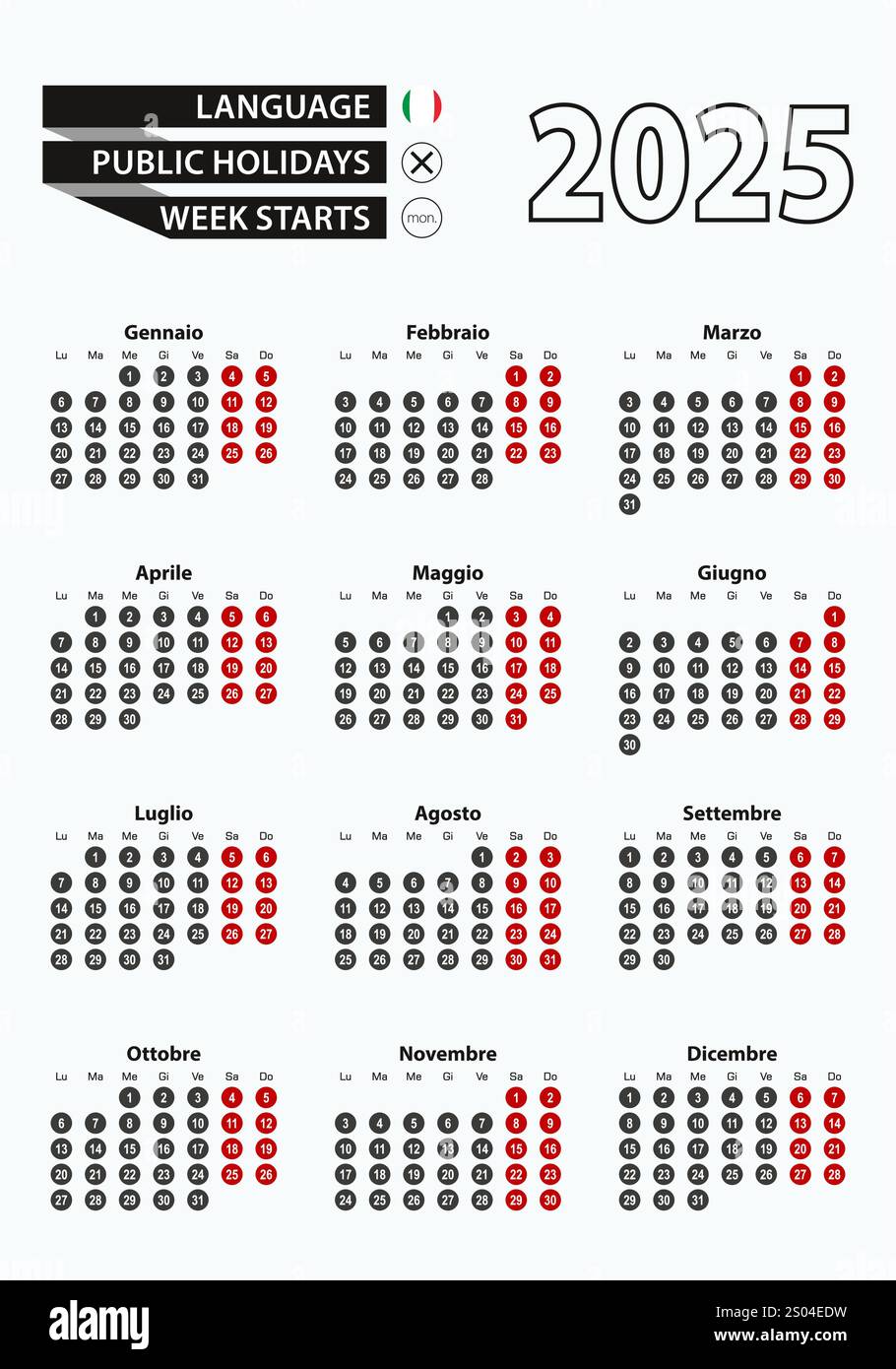 Vektor-Vorlagenkalender 2025 mit Zahl in Kreisen, einfacher italienischer Kalender für das Jahr 2025. Vektorabbildung. Stock Vektor