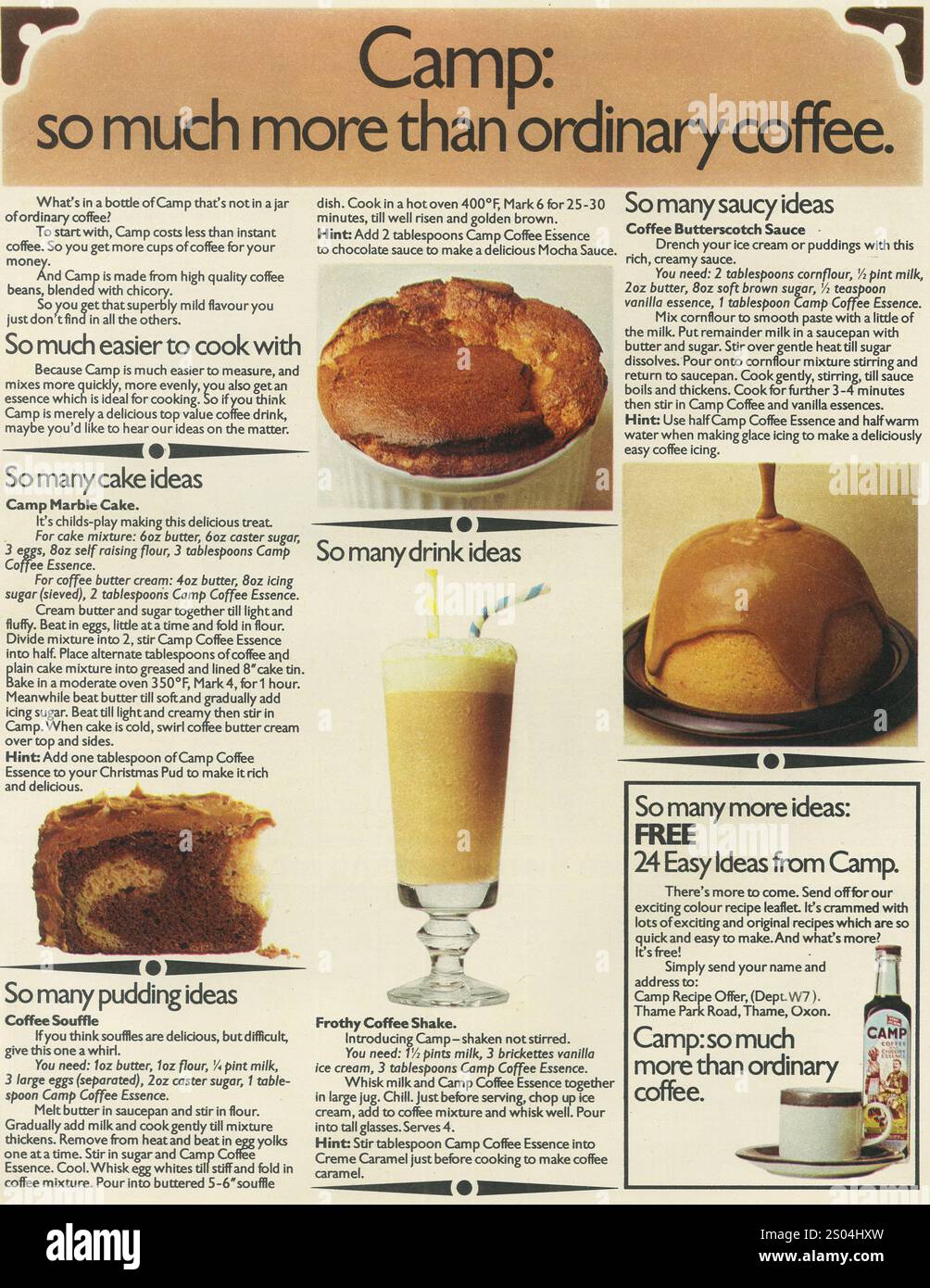 1973 UK Camp Coffee and Chicorée Essence Ad - Rezepte Stockfoto