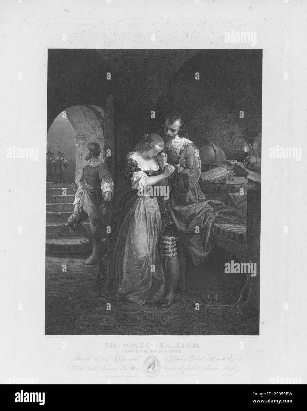 Kupferstich von Sir Walter Raleigh Parting mit seiner Frau von Charles Burt (1822–1892) Stockfoto Kupferstich von Sir Walter Raleigh Parting mit seiner Frau von Charles Burt (1822–1892) Stockfoto