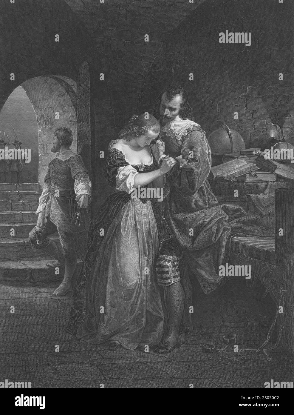 Kupferstich von Sir Walter Raleigh Parting mit seiner Frau von Charles Burt (1822–1892) Stockfoto Kupferstich von Sir Walter Raleigh Parting mit seiner Frau von Charles Burt (1822–1892) Stockfoto