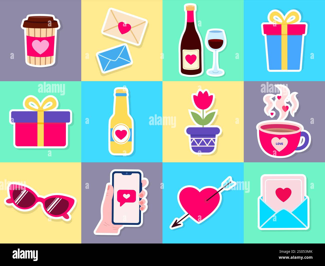 Set mit Aufklebern zum Valentinstag. Vektorabbildung in abgewickelter Form. Stock Vektor