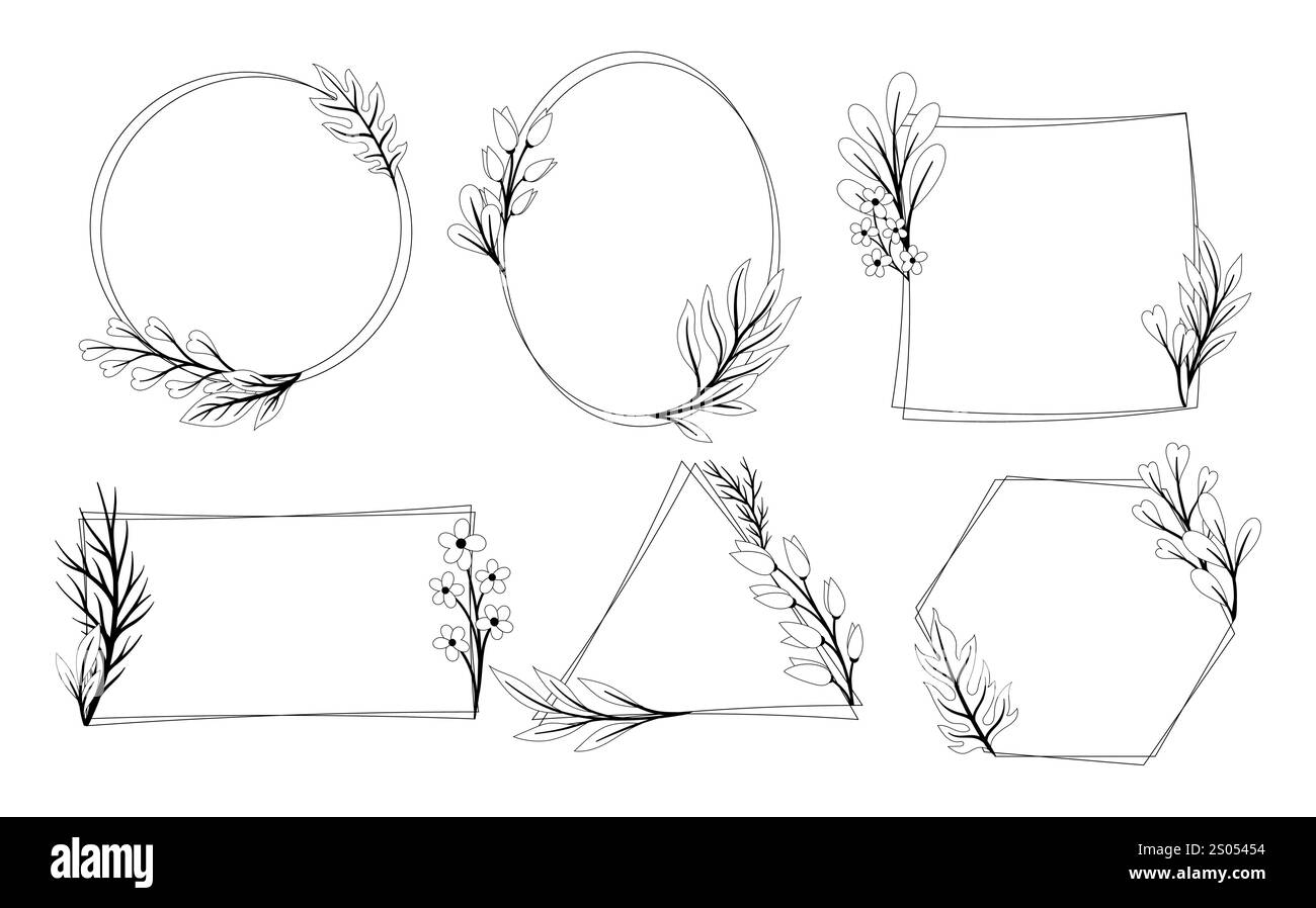 Rahmen mit Leaves gesetzt. Rahmen und Muster mit tropischen und exotischen Zweigen. Vignetten und dekorative Elemente. Botanische Rahmen. Linearer Vektor Stock Vektor