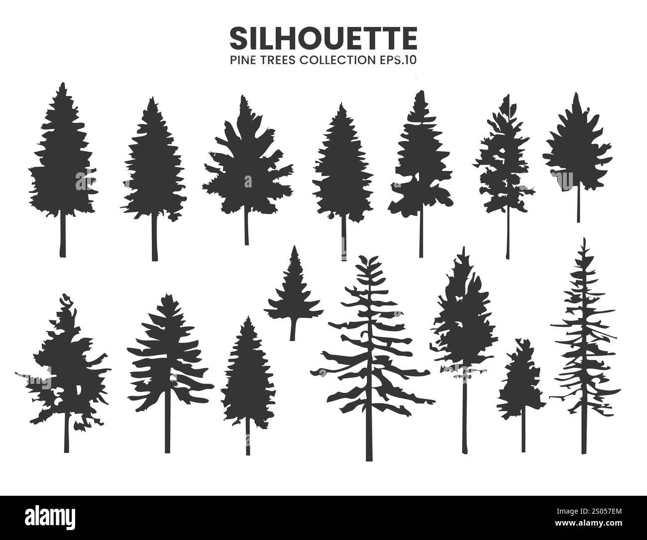 Silhouetten aus Kiefernbäumen in verschiedenen Stilkollektionen. Ideal für Natur-, Tier- und Outdoor-Projekte Stock Vektor