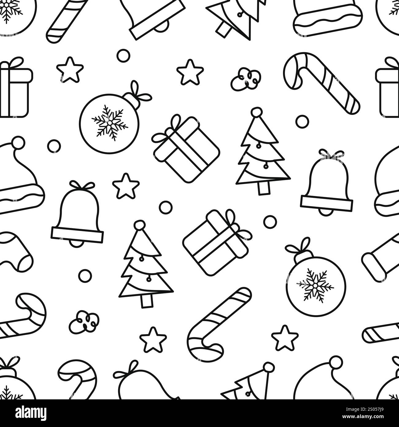 Ein nahtloses Weihnachtsmuster mit schwarzen Linien auf weißem Hintergrund, perfekt für Weihnachtsmotive und -Dekorationen. Stock Vektor