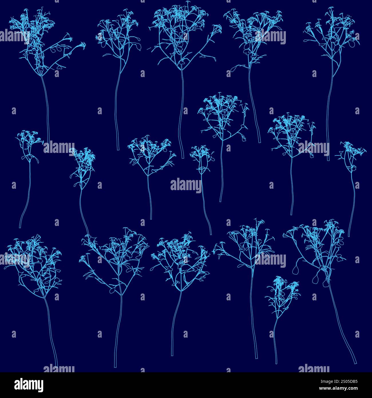 Eine Reihe von blauen Blüten wird in einem Muster dargestellt. Die Blüten haben alle verschiedene Größen und Formen, aber sie haben alle einen ähnlichen blauen Farbton. Das Bild hat ein c Stock Vektor