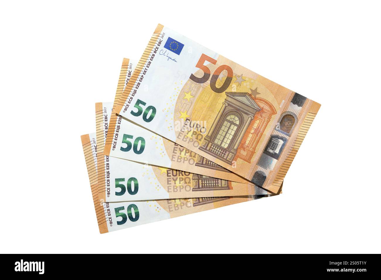 Draufsicht auf einen Stapel von 50 Euro-Banknotengeld, isoliert auf weißem Hintergrund. Finanzwesen und europäisches Währungskonzept Stockfoto