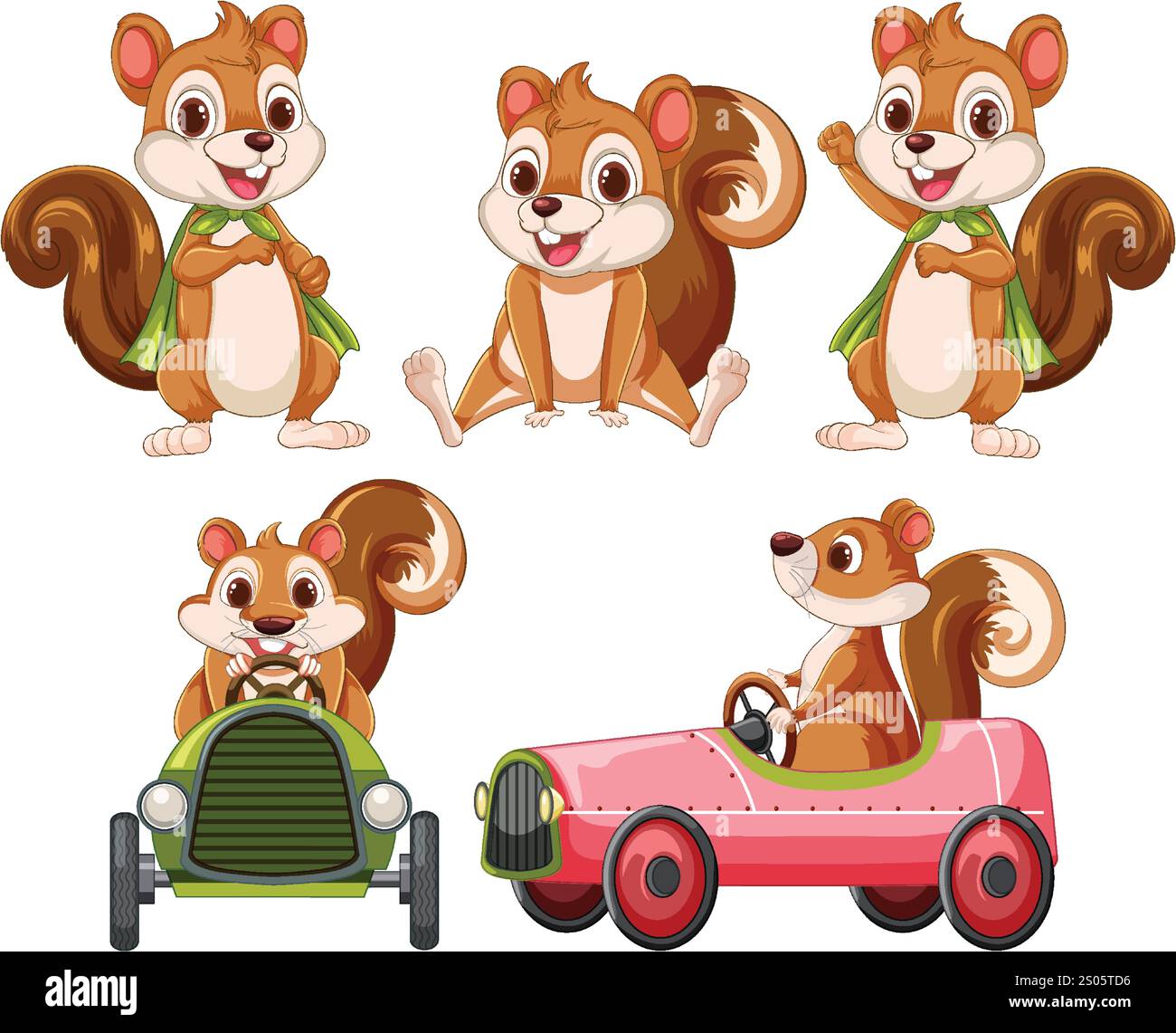 Fröhliche Eichhörnchen fahren farbenfrohe Oldtimer Stock Vektor