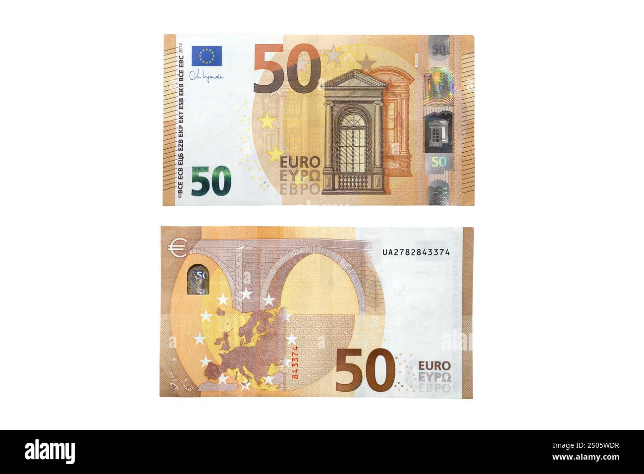 Draufsicht von zwei Seiten von 50 Euro-Banknotengeld isoliert auf weißem Hintergrund. Finanzwesen und europäisches Währungskonzept Stockfoto
