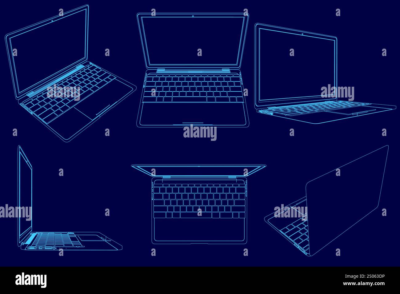 Serie von blau-weißen Bildern eines Laptops. Die Bilder sind alle in verschiedenen Winkeln des Laptops, aber sie haben alle dasselbe blaue Farbschema. Die Stimmung Stock Vektor
