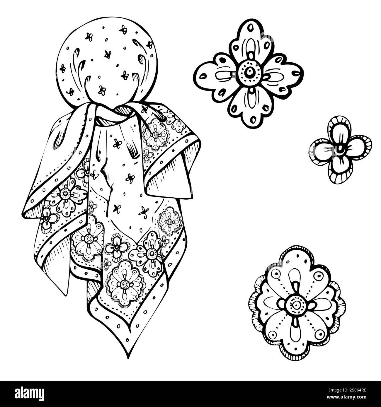 Traditionelles Kleid rebozo Kopftuch Bandana Schal südamerikanische Bauernmode, Blumenstickerei. Handgezeichnete Vektorgrafik Stock Vektor