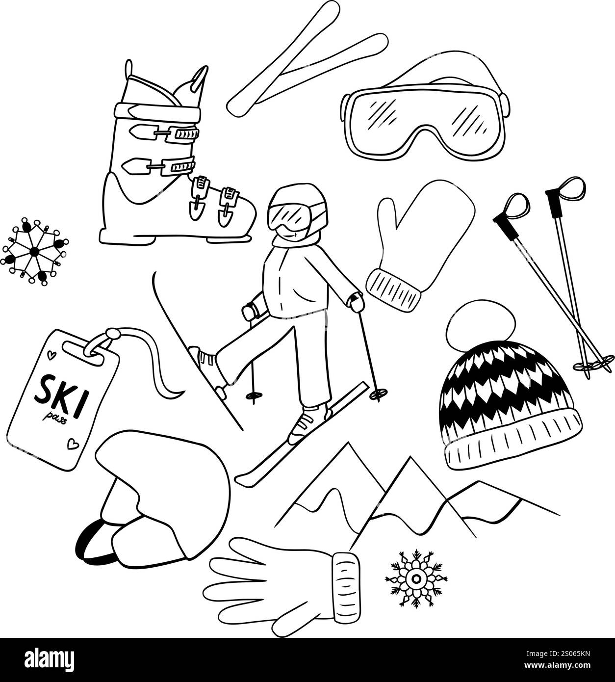 Skier-Vektor-Illustration grafische Linie gezeichneter Stil. Kreisrunde Komposition Happy Skier on Mountains Stock Vektor