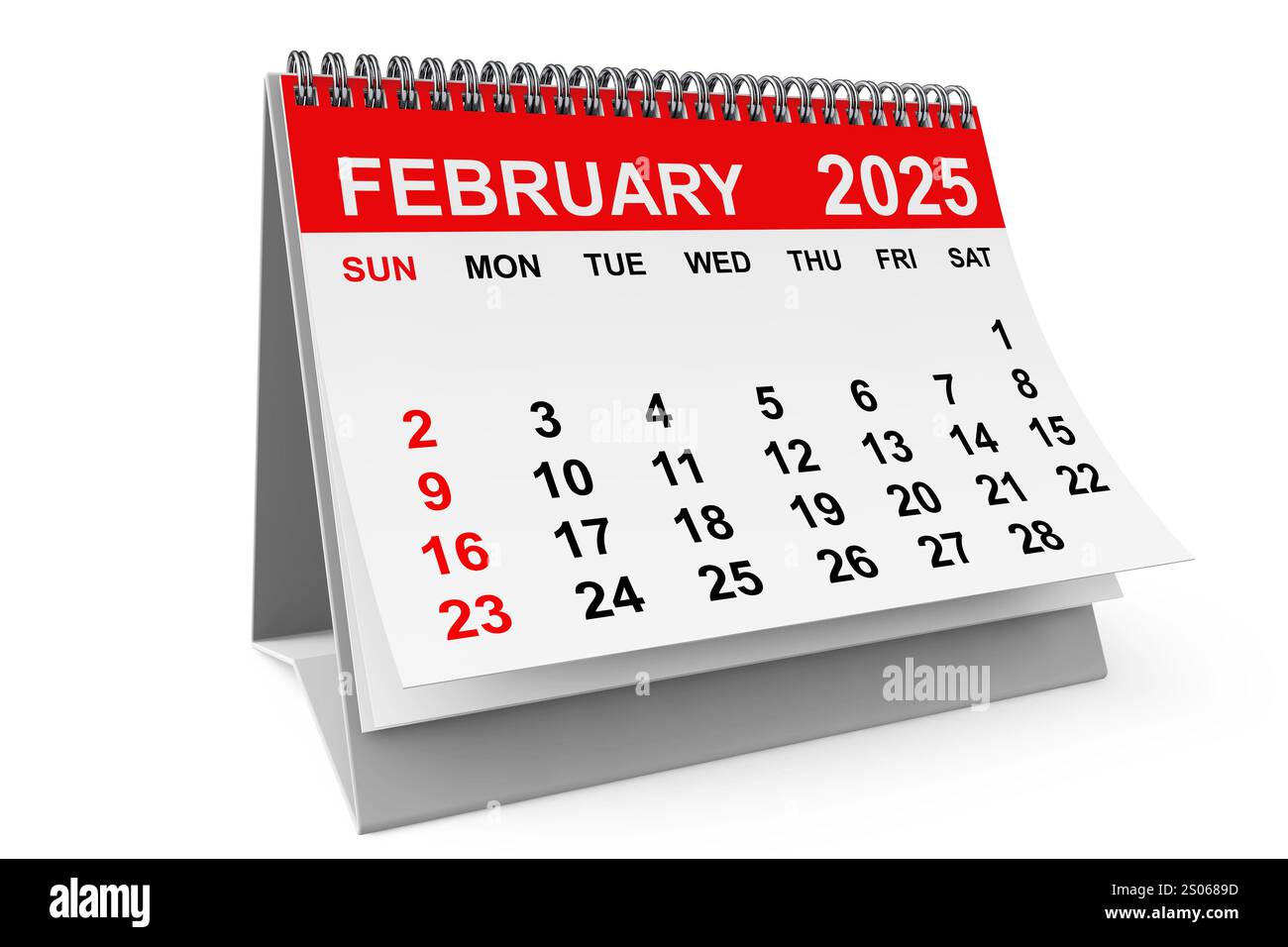 Februar-Kalender 2025 auf weißem Hintergrund. 3D-Rendering Stockfoto