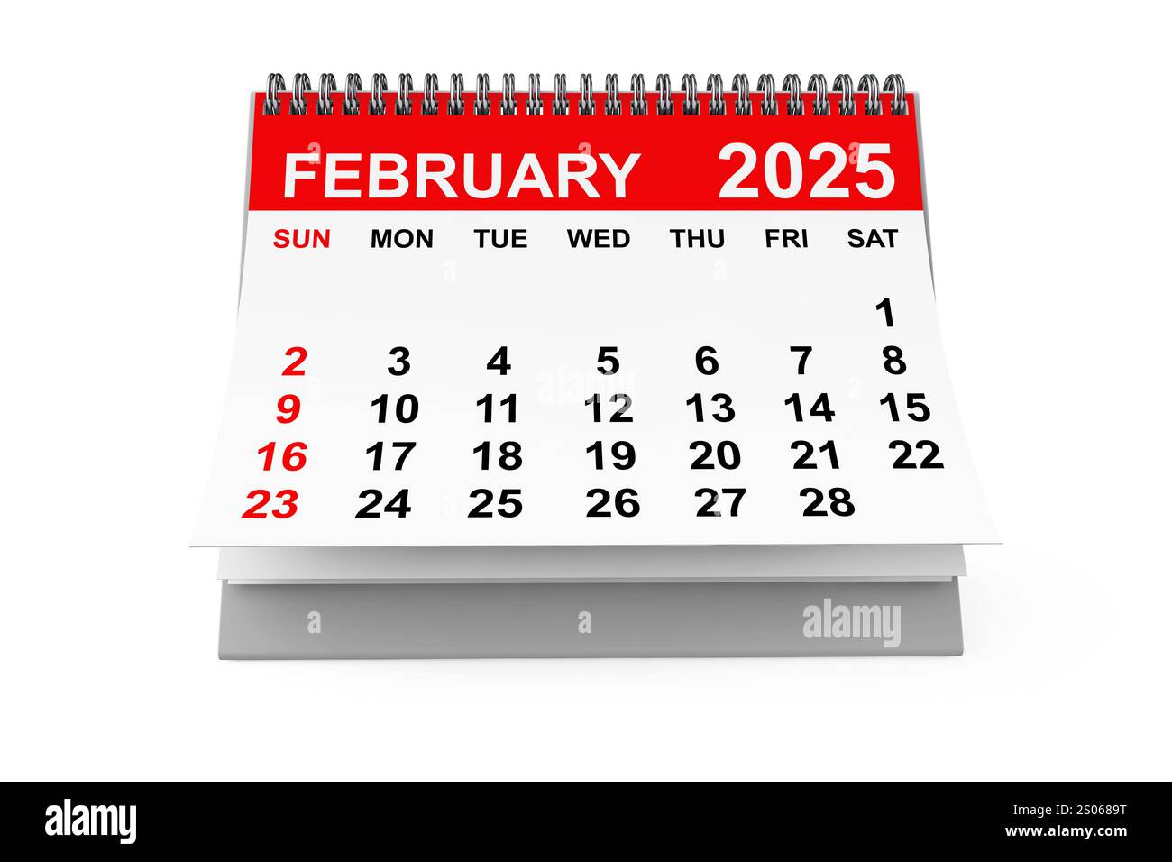 Februar-Kalender 2025 auf weißem Hintergrund. 3D-Rendering Stockfoto