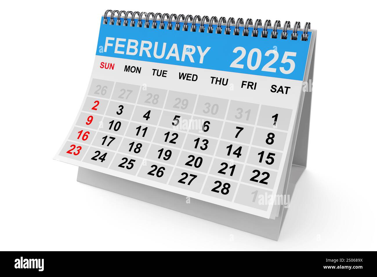 Februar-Kalender 2025 auf weißem Hintergrund. 3D-Rendering Stockfoto