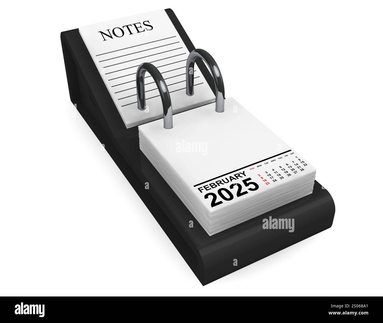 Februar-Kalender 2025 auf weißem Hintergrund. 3D-Rendering Stockfoto