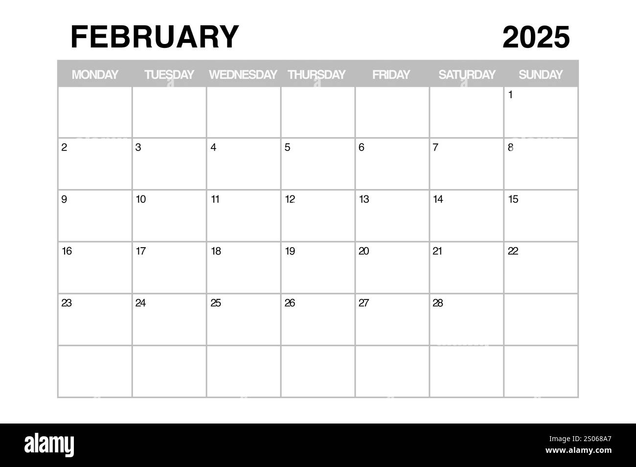 Februar 2025 Vorlage für Monatskalender auf weißem Hintergrund. 3D-Rendering Stockfoto