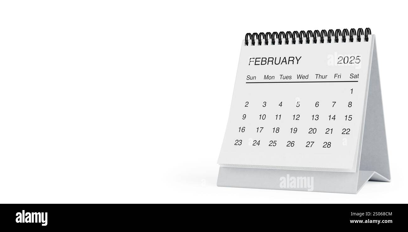 White Desk monatlicher Geschäftskalender Februar 2025 auf weißem Hintergrund. 3D-Rendering Stockfoto