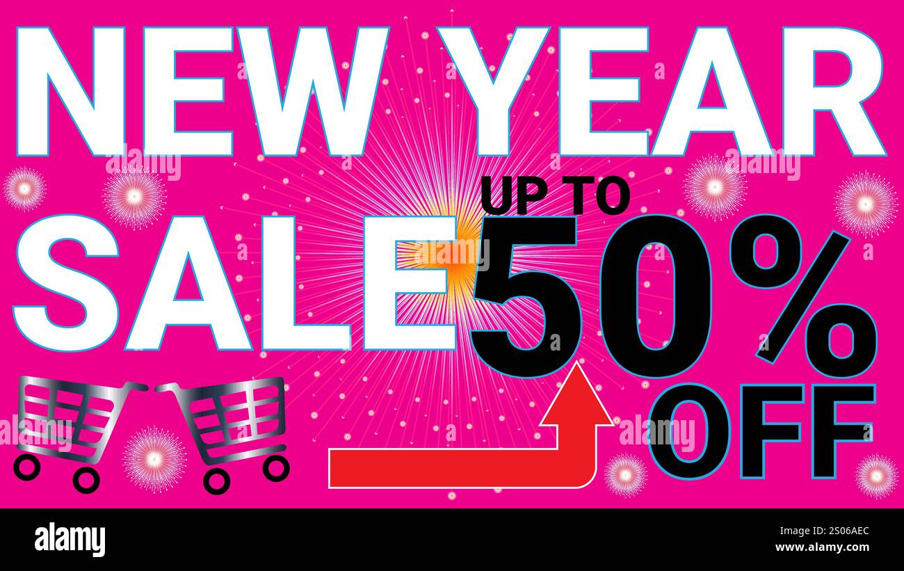 Neujahrsangebot: Bis zu 50 % Rabatt auf Banner mit rosa Hintergrund und Sonnenschein-Sternenhimmel Stock Vektor