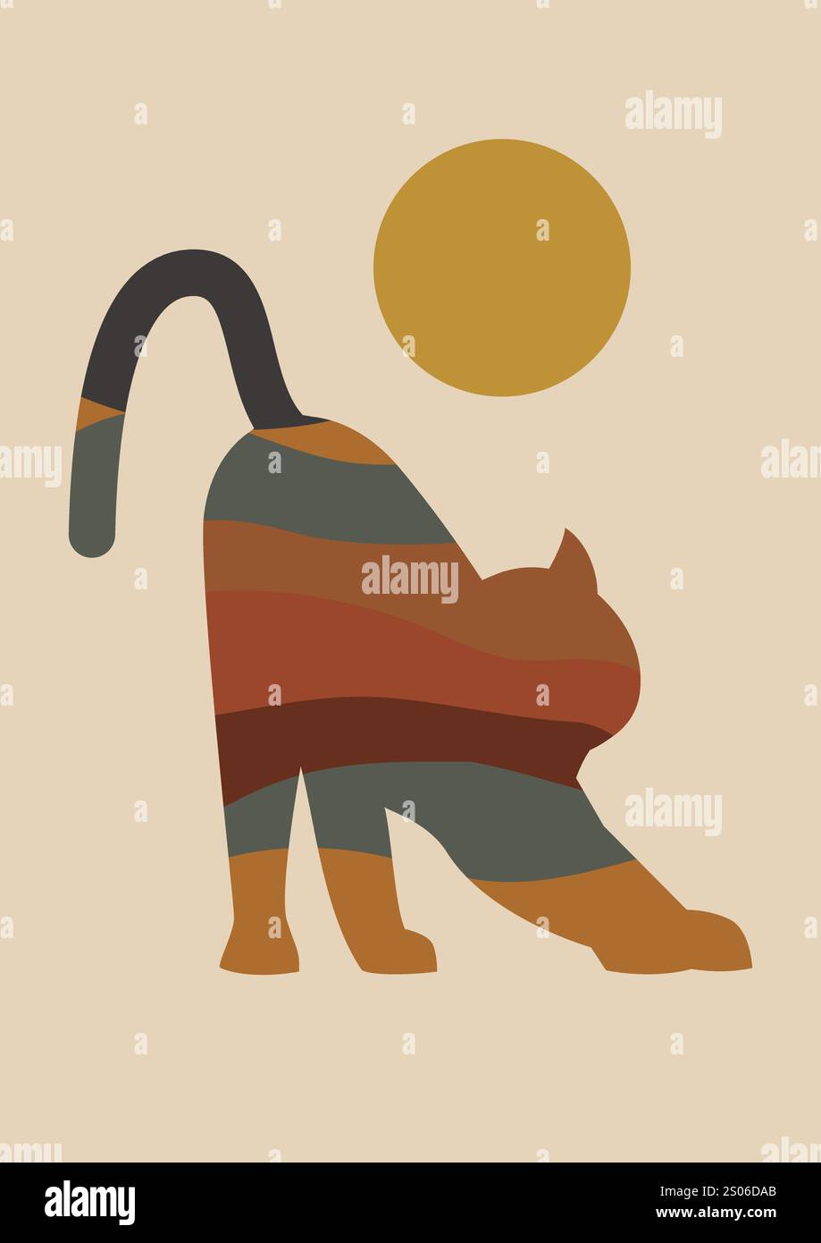 Schwarze Katze und Sonne ästhetische Boho-Kunst. 2D-Illustration für Hauskätzchen Stock Vektor