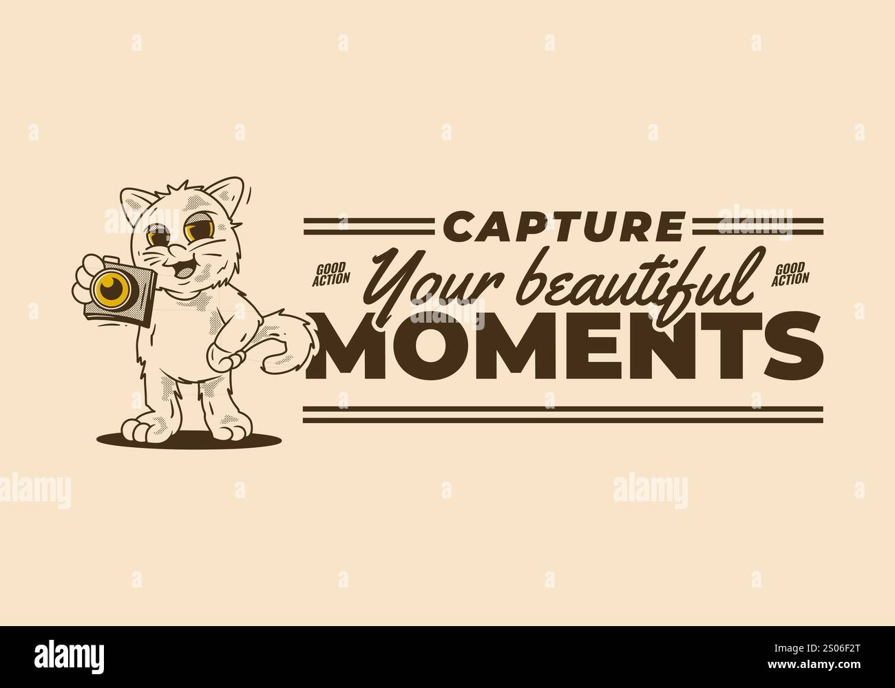 Halten Sie Ihren schönen Moment fest. Vintage Maskottchen Charakter einer stehenden Katze, die eine Taschenkamera hält Stock Vektor Halten Sie Ihren schönen Moment fest. Vintage Maskottchen Charakter einer stehenden Katze, die eine Taschenkamera hält Stock Vektor