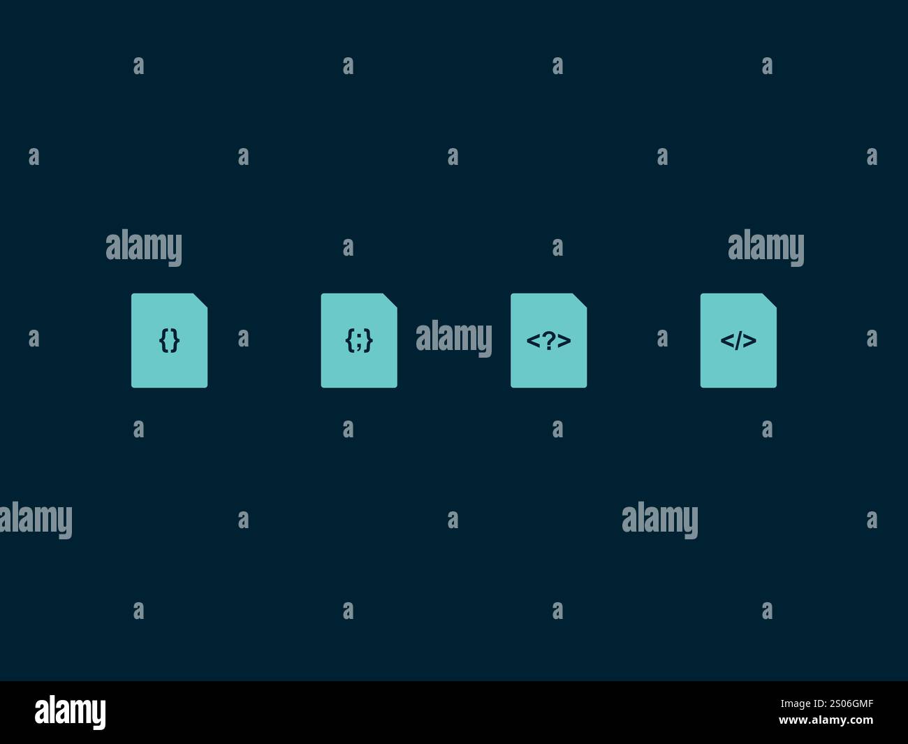 Flache Symbolgruppe für Dateiformat. CSS, html, js, php Webentwicklungsdateiformat auf dunkelblauem Hintergrund. Vektor Stock Vektor