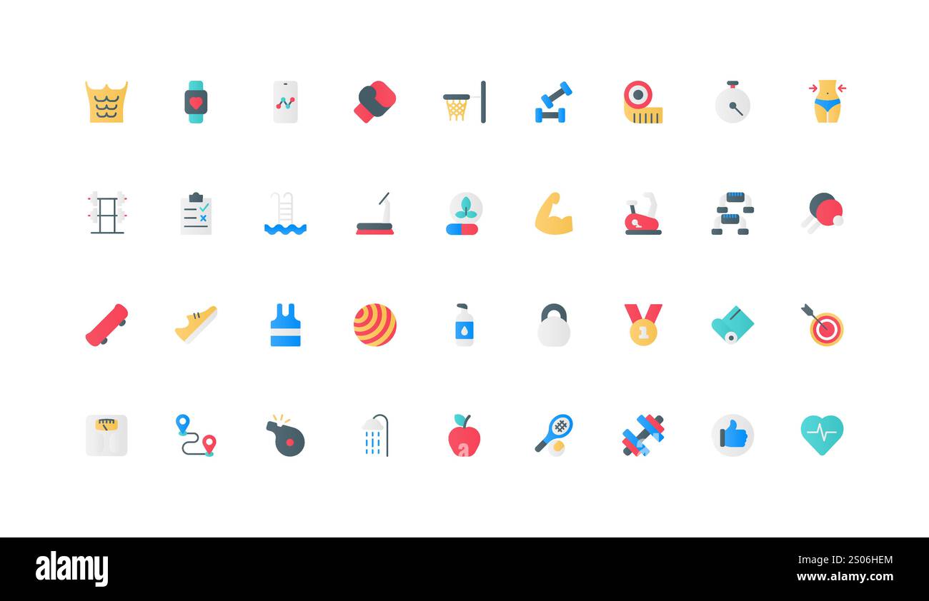 Sport und Bewegung für Körper Gesundheit und Gewichtskontrolle, Fitnessgeräte Farbe Icon Set. Fitness-Training, Sportbekleidung und Medaille, gesunde Nahrung, Yoga und Cardio-Workout flache Elemente Vektor-Illustration Stock Vektor